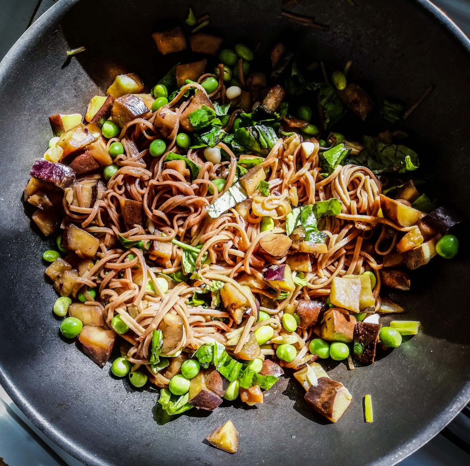 noodles Aubergines and Basil preperation